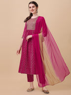 Nayra Cut Bandhani Printed & Embroidered Pink Kurta With Pant & Dupatta Set, Multicolor - Hiral Fashion | Grocsy