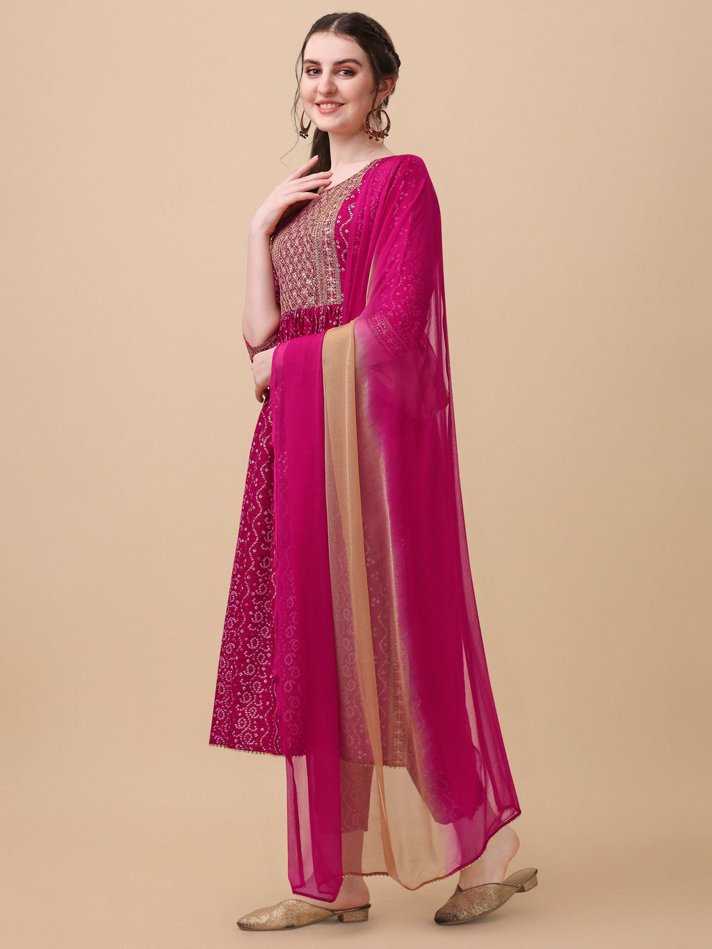 Nayra Cut Bandhani Printed & Embroidered Pink Kurta With Pant & Dupatta Set, Multicolor - Hiral Fashion | Grocsy