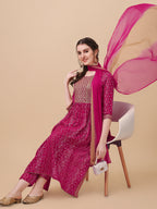 Nayra Cut Bandhani Printed & Embroidered Pink Kurta With Pant & Dupatta Set, Multicolor - Hiral Fashion | Grocsy