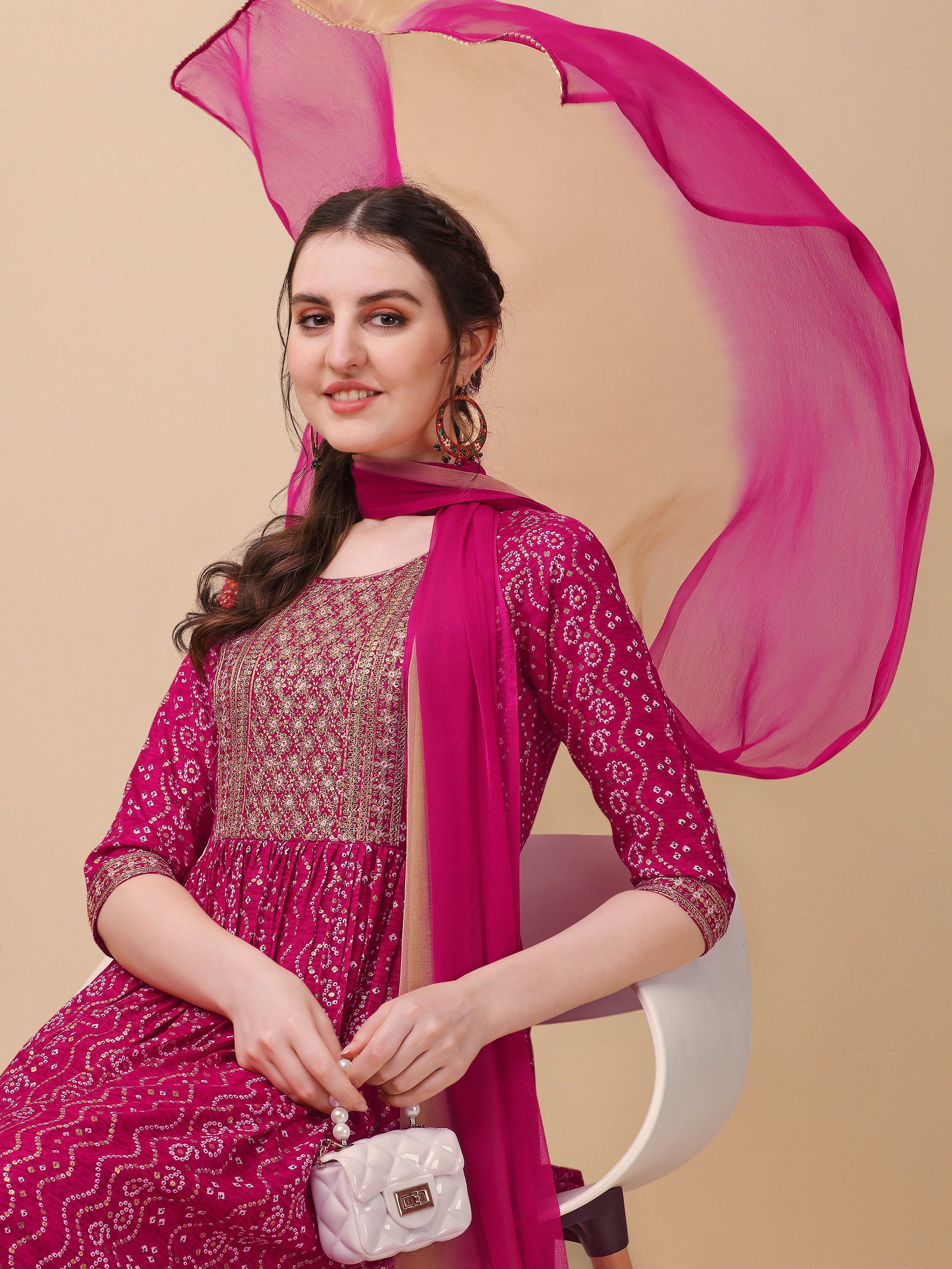 Nayra Cut Bandhani Printed & Embroidered Pink Kurta With Pant & Dupatta Set, Multicolor - Hiral Fashion | Grocsy