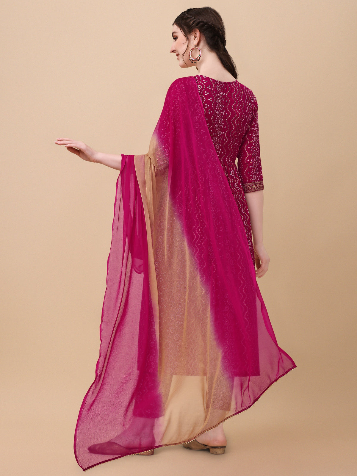 Nayra Cut Bandhani Printed & Embroidered Pink Kurta With Pant & Dupatta Set, Multicolor - Hiral Fashion | Grocsy