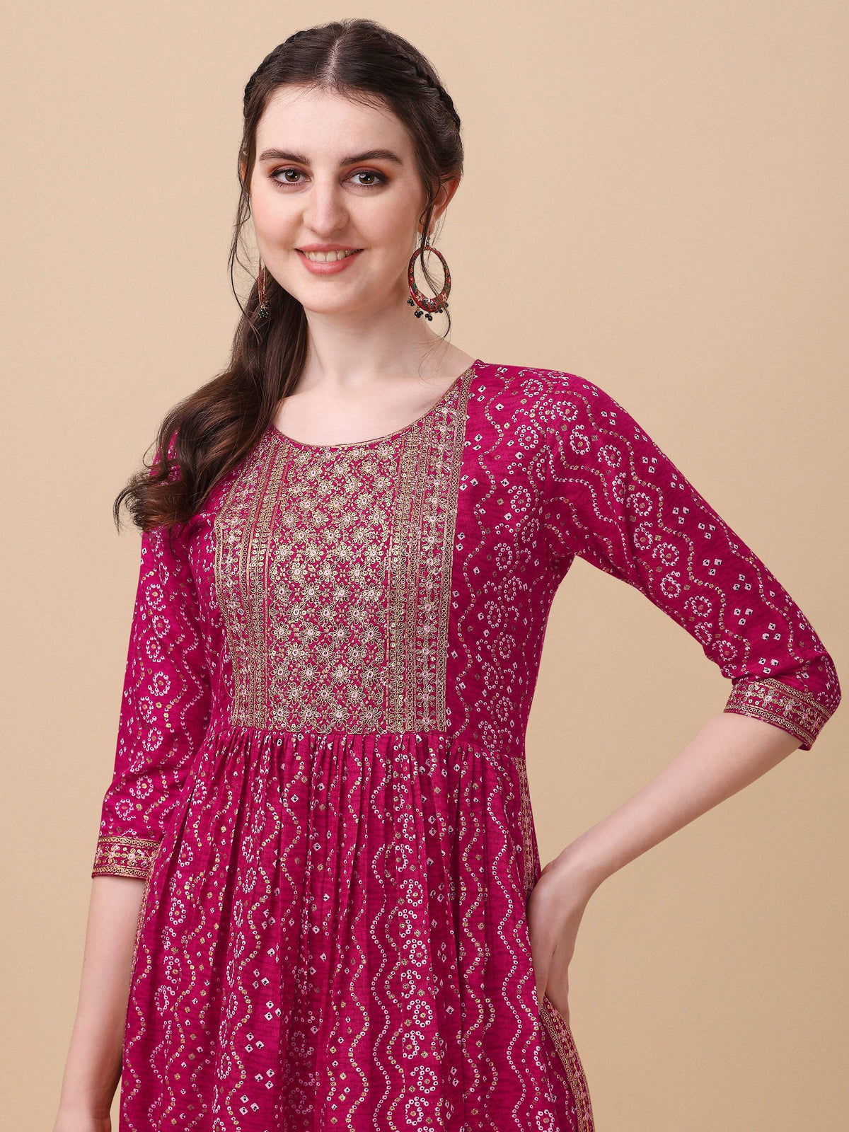 Nayra Cut Bandhani Printed & Embroidered Pink Kurta With Pant & Dupatta Set, Multicolor - Hiral Fashion | Grocsy