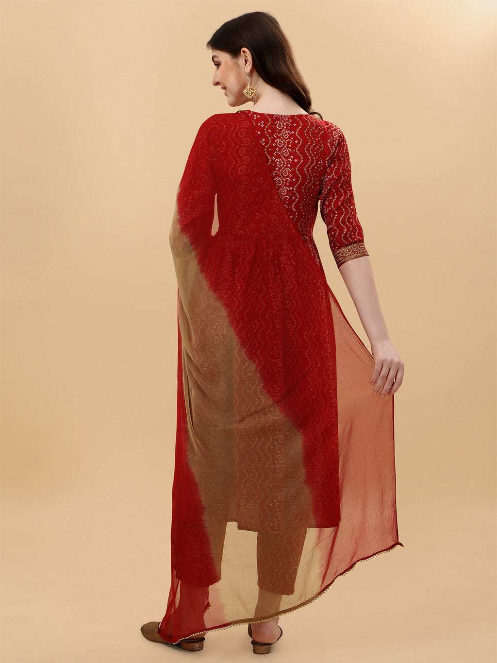 Nayra Cut Bandhani Printed & Embroidered Kurta With Pant & Dupatta Set, Multicolor - Hiral Fashion | Grocsy
