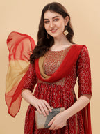 Nayra Cut Bandhani Printed & Embroidered Kurta With Pant & Dupatta Set, Multicolor - Hiral Fashion | Grocsy