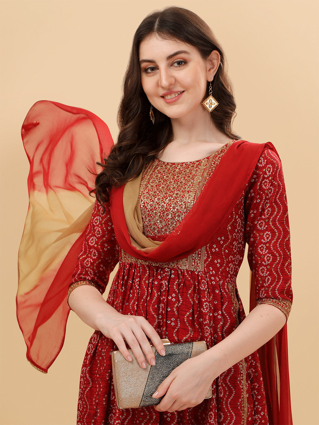 Nayra Cut Bandhani Printed & Embroidered Kurta With Pant & Dupatta Set, Multicolor - Hiral Fashion | Grocsy