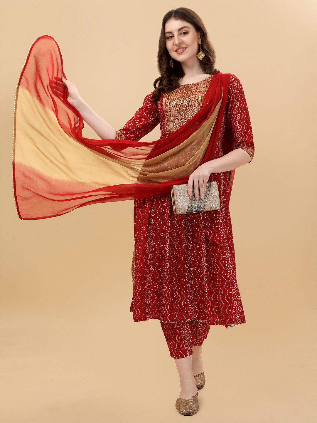 Nayra Cut Bandhani Printed & Embroidered Kurta With Pant & Dupatta Set, Multicolor - Hiral Fashion | Grocsy