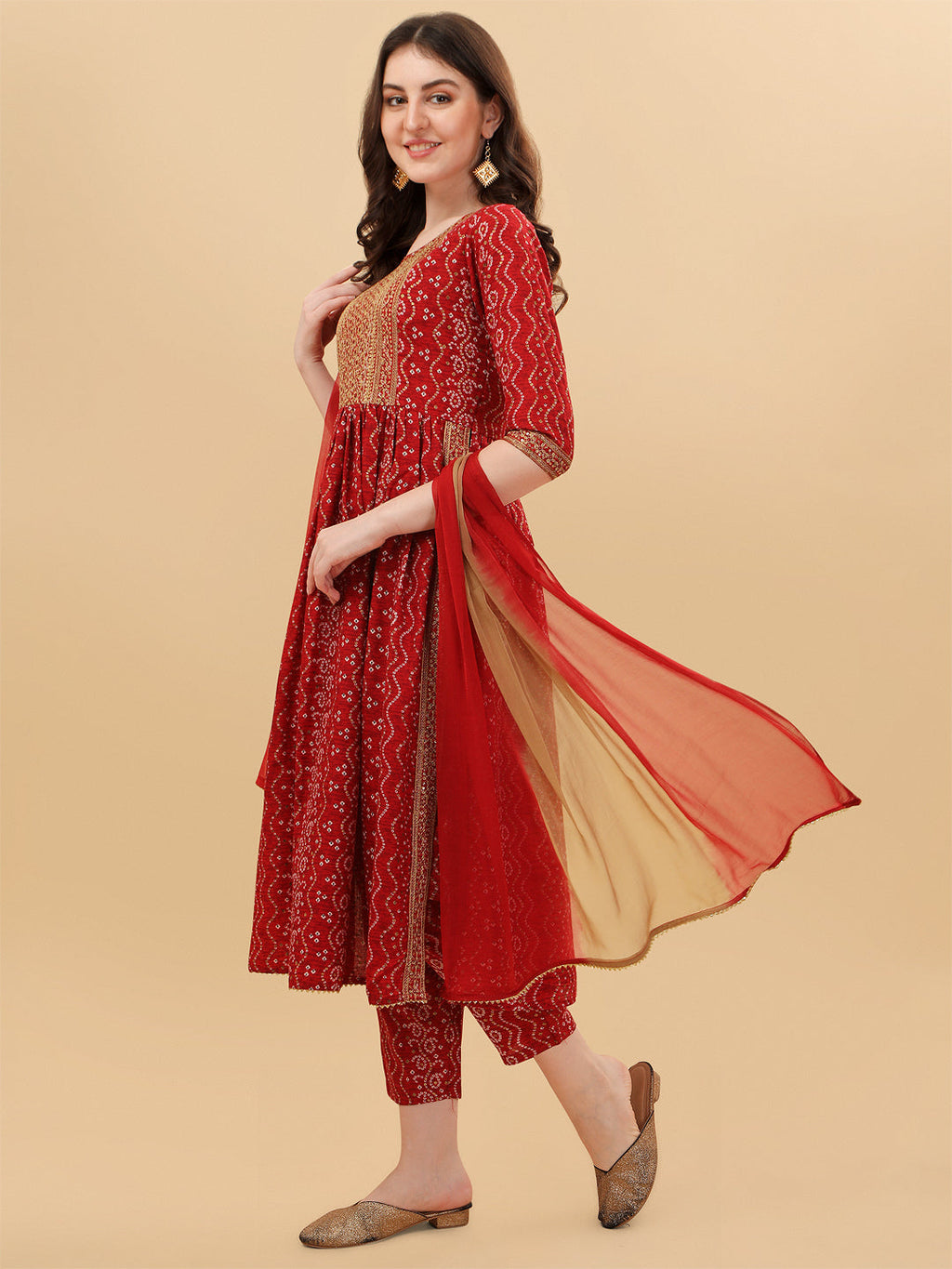 Nayra Cut Bandhani Printed & Embroidered Kurta With Pant & Dupatta Set, Multicolor - Hiral Fashion | Grocsy