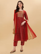 Nayra Cut Bandhani Printed & Embroidered Kurta With Pant & Dupatta Set, Multicolor - Hiral Fashion | Grocsy