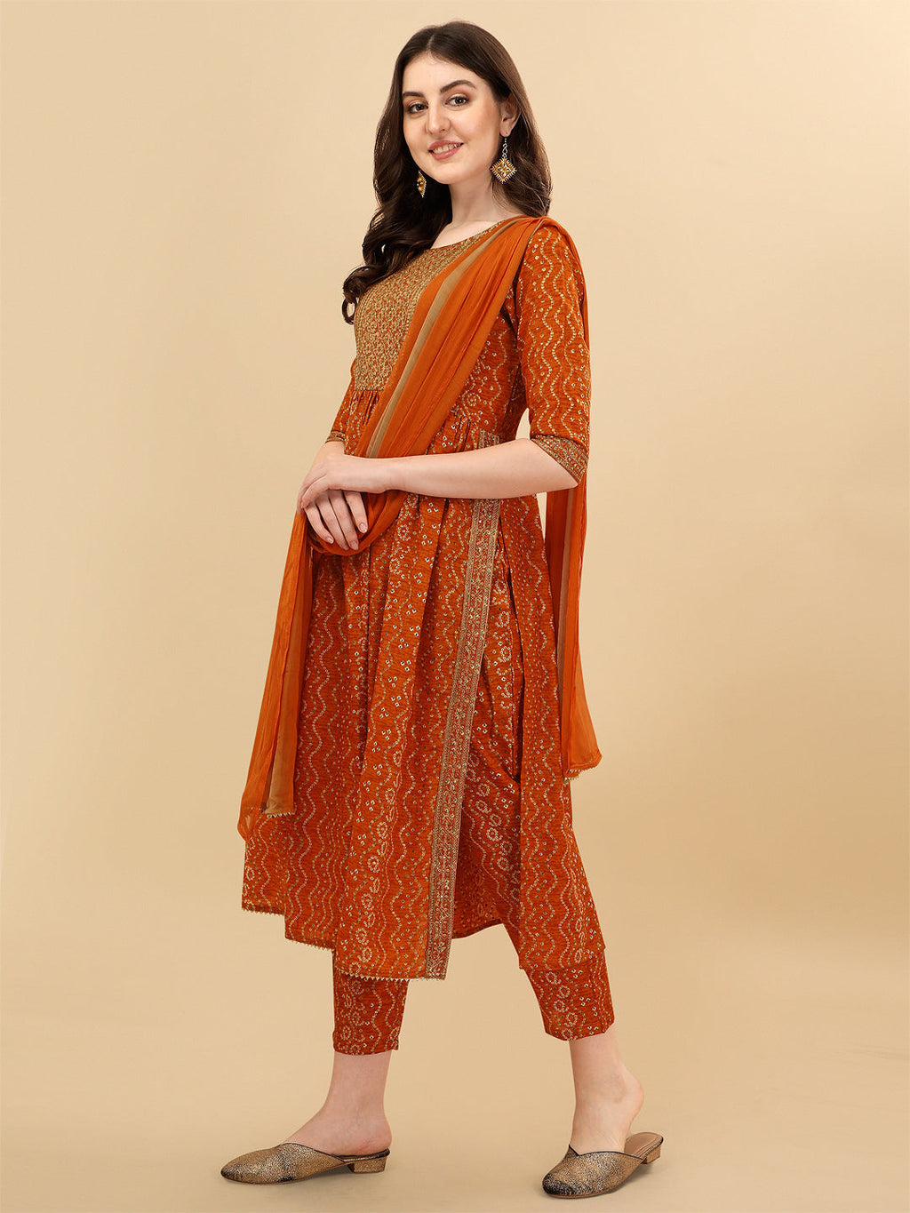 Nayra Cut Bandhani Printed & Embroidered Orange Kurta With Pant & Dupatta Set, Multicolor - Hiral Fashion | Grocsy