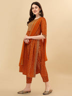 Nayra Cut Bandhani Printed & Embroidered Orange Kurta With Pant & Dupatta Set, Multicolor - Hiral Fashion | Grocsy