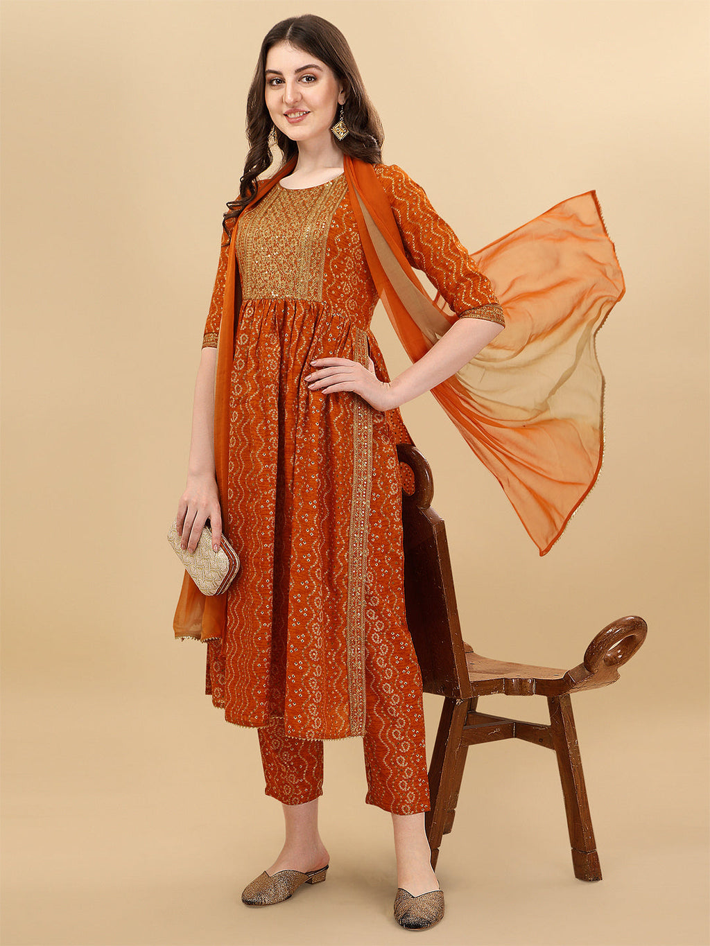Nayra Cut Bandhani Printed & Embroidered Orange Kurta With Pant & Dupatta Set, Multicolor - Hiral Fashion | Grocsy