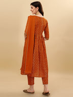 Nayra Cut Bandhani Printed & Embroidered Orange Kurta With Pant & Dupatta Set, Multicolor - Hiral Fashion | Grocsy