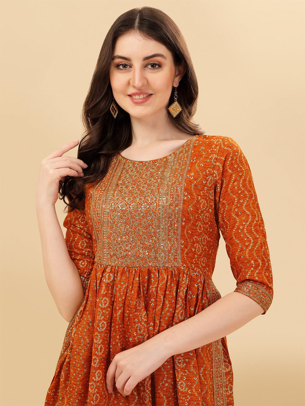 Nayra Cut Bandhani Printed & Embroidered Orange Kurta With Pant & Dupatta Set, Multicolor - Hiral Fashion | Grocsy