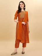 Nayra Cut Bandhani Printed & Embroidered Orange Kurta With Pant & Dupatta Set, Multicolor - Hiral Fashion | Grocsy