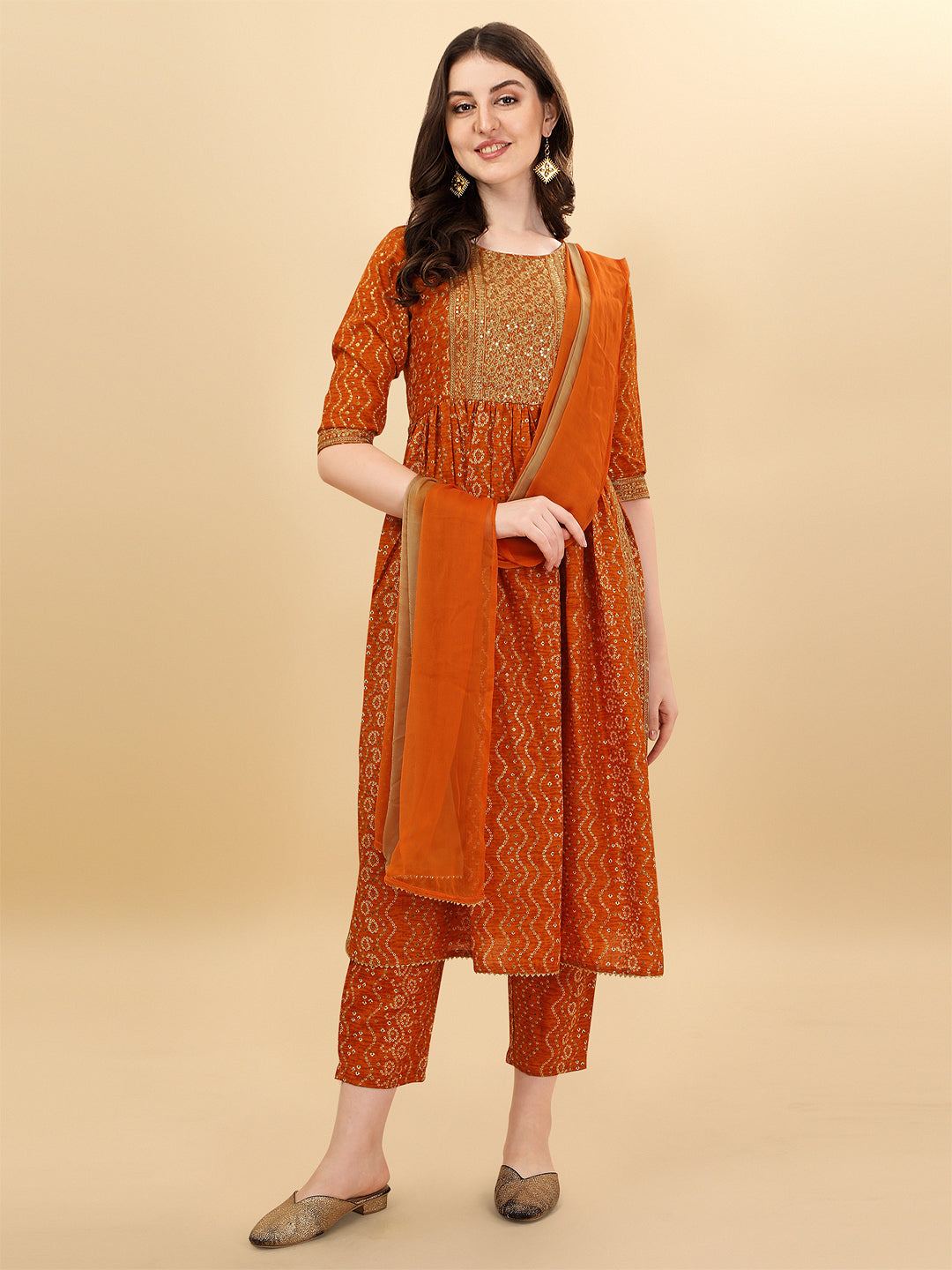 Nayra Cut Bandhani Printed & Embroidered Orange Kurta With Pant & Dupatta Set, Multicolor - Hiral Fashion | Grocsy