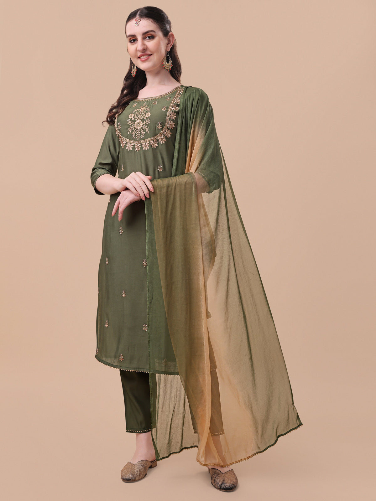Embroidered Kurta With Pant And Dupatta Set, Multicolor - Hiral Fashion | Grocsy
