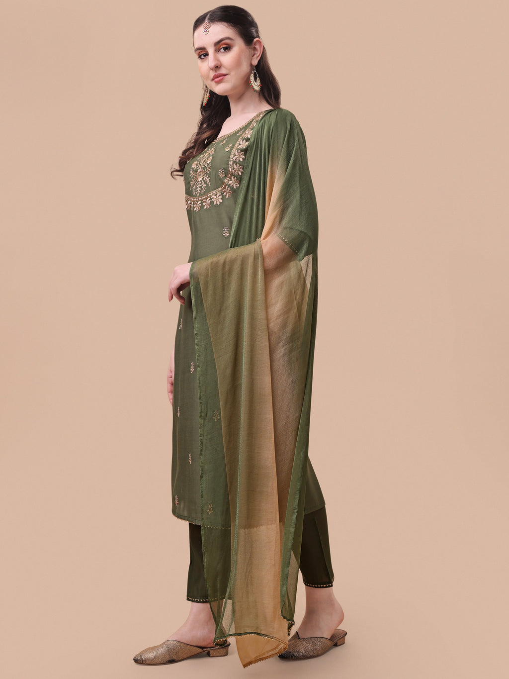 Embroidered Kurta With Pant And Dupatta Set, Multicolor - Hiral Fashion | Grocsy