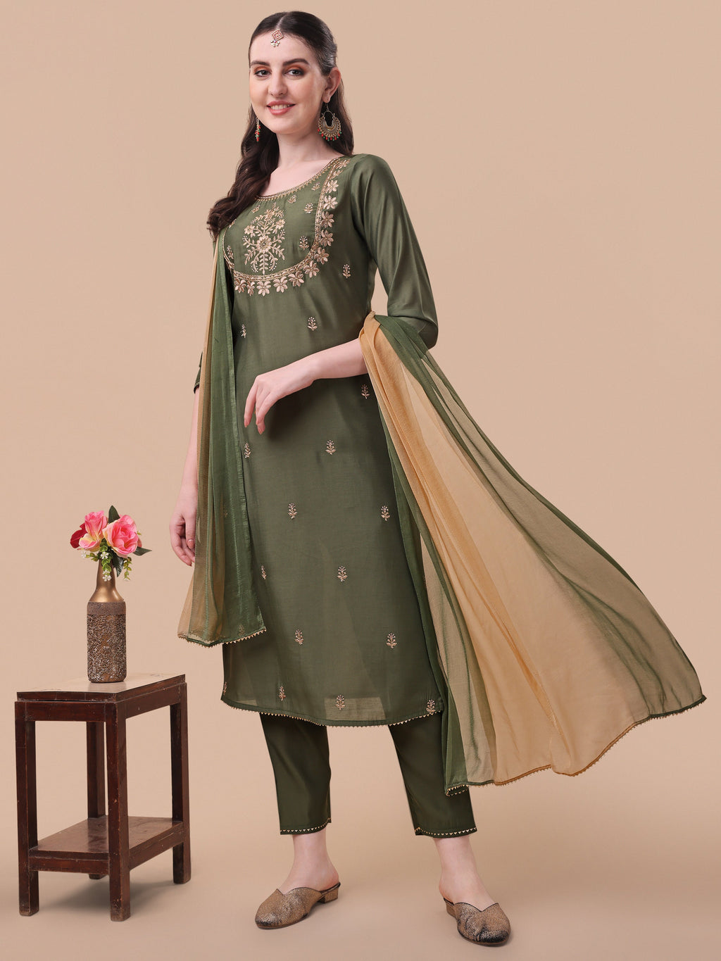 Embroidered Kurta With Pant And Dupatta Set, Multicolor - Hiral Fashion | Grocsy