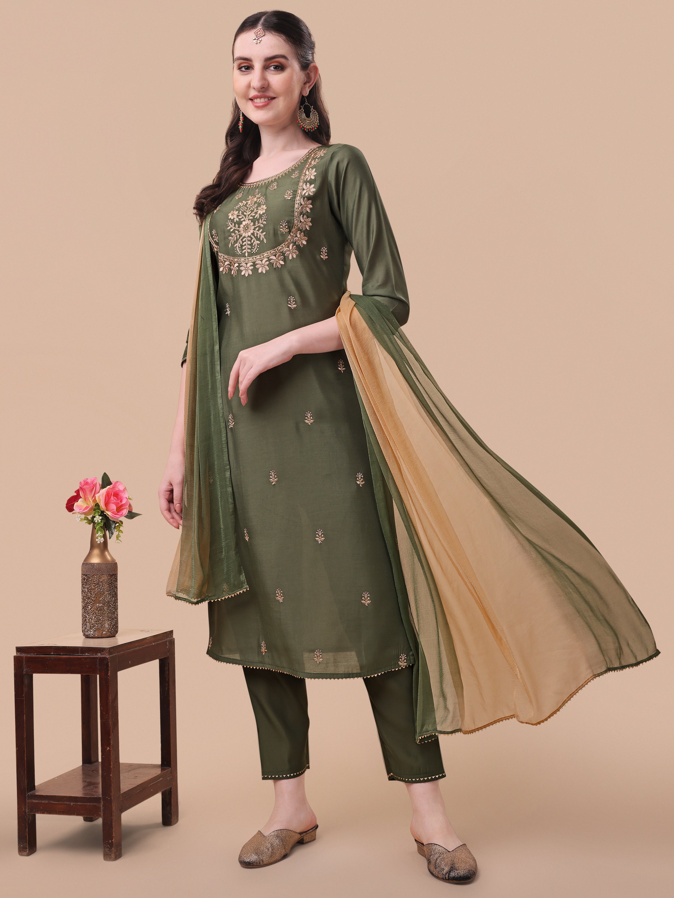 Embroidered Kurta With Pant And Dupatta Set, Multicolor - Hiral Fashion | Grocsy