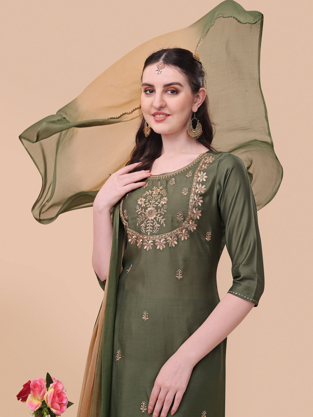 Embroidered Kurta With Pant And Dupatta Set, Multicolor - Hiral Fashion | Grocsy
