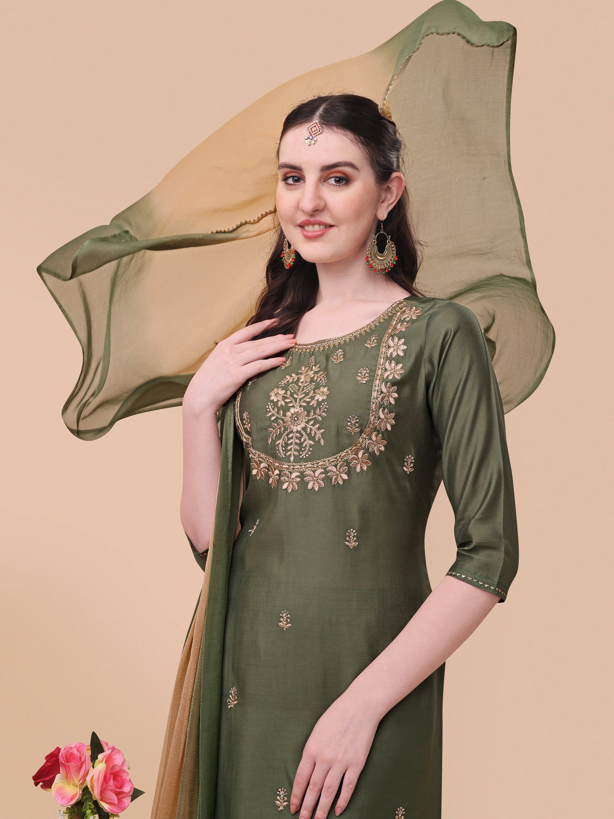 Embroidered Kurta With Pant And Dupatta Set, Multicolor - Hiral Fashion | Grocsy