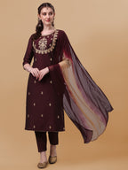 Embroidered Kurta With Pant And Dupatta Set, Multicolor - Hiral Fashion | Grocsy