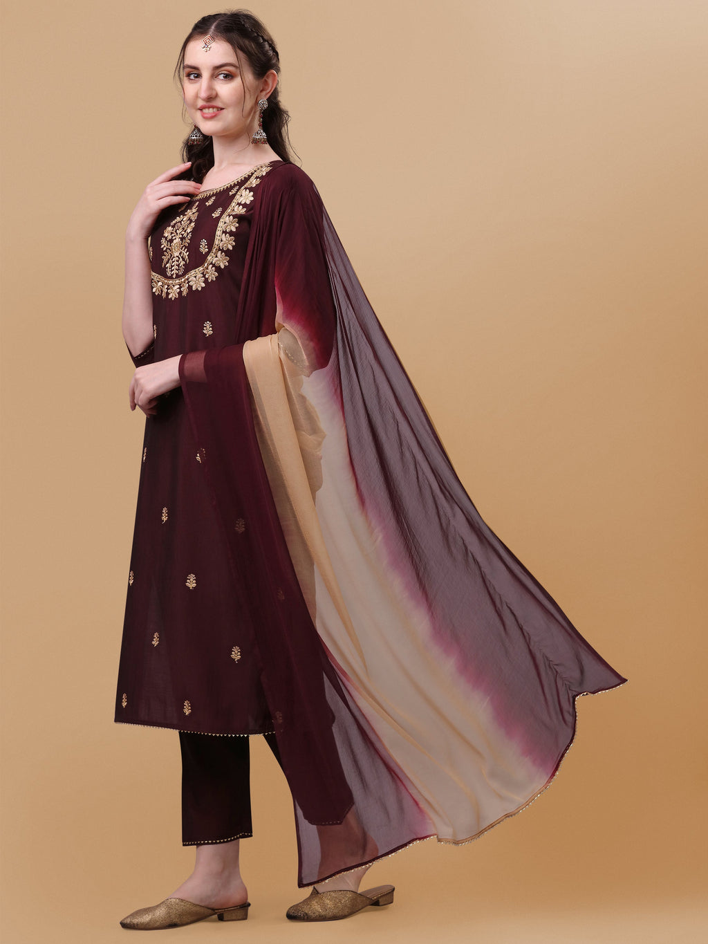 Embroidered Kurta With Pant And Dupatta Set, Multicolor - Hiral Fashion | Grocsy