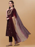 Embroidered Kurta With Pant And Dupatta Set, Multicolor - Hiral Fashion | Grocsy