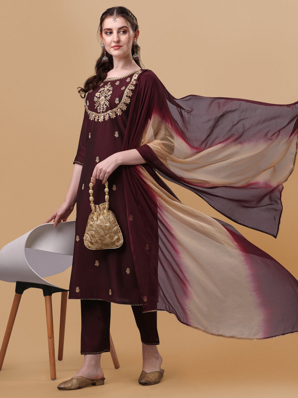 Embroidered Kurta With Pant And Dupatta Set, Multicolor - Hiral Fashion | Grocsy