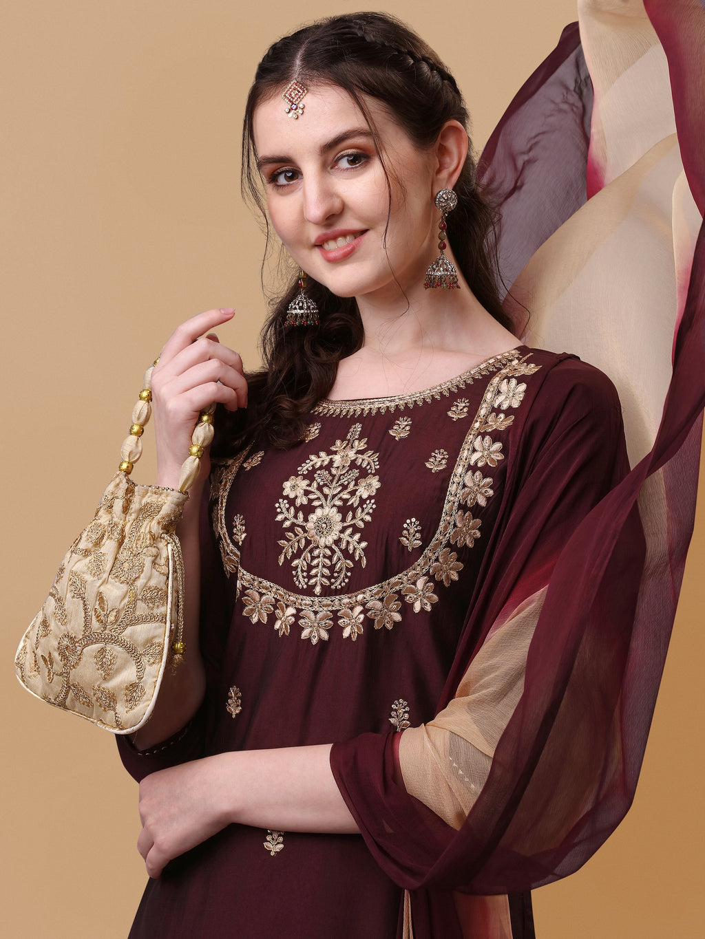 Embroidered Kurta With Pant And Dupatta Set, Multicolor - Hiral Fashion | Grocsy