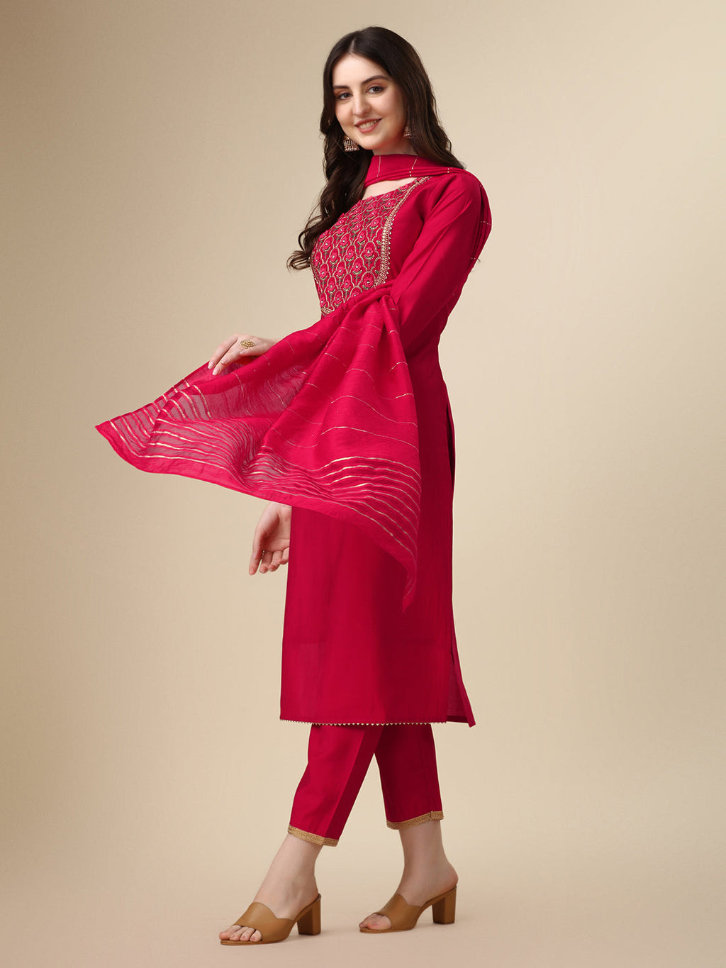 Embroidered Kurta With Pant And Dupatta Set, Multicolor - Hiral Fashion | Grocsy