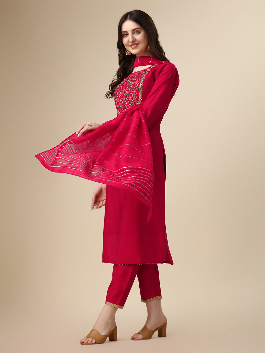 Embroidered Kurta With Pant And Dupatta Set, Multicolor - Hiral Fashion | Grocsy