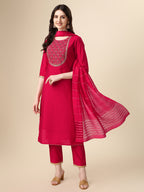 Embroidered Kurta With Pant And Dupatta Set, Multicolor - Hiral Fashion | Grocsy