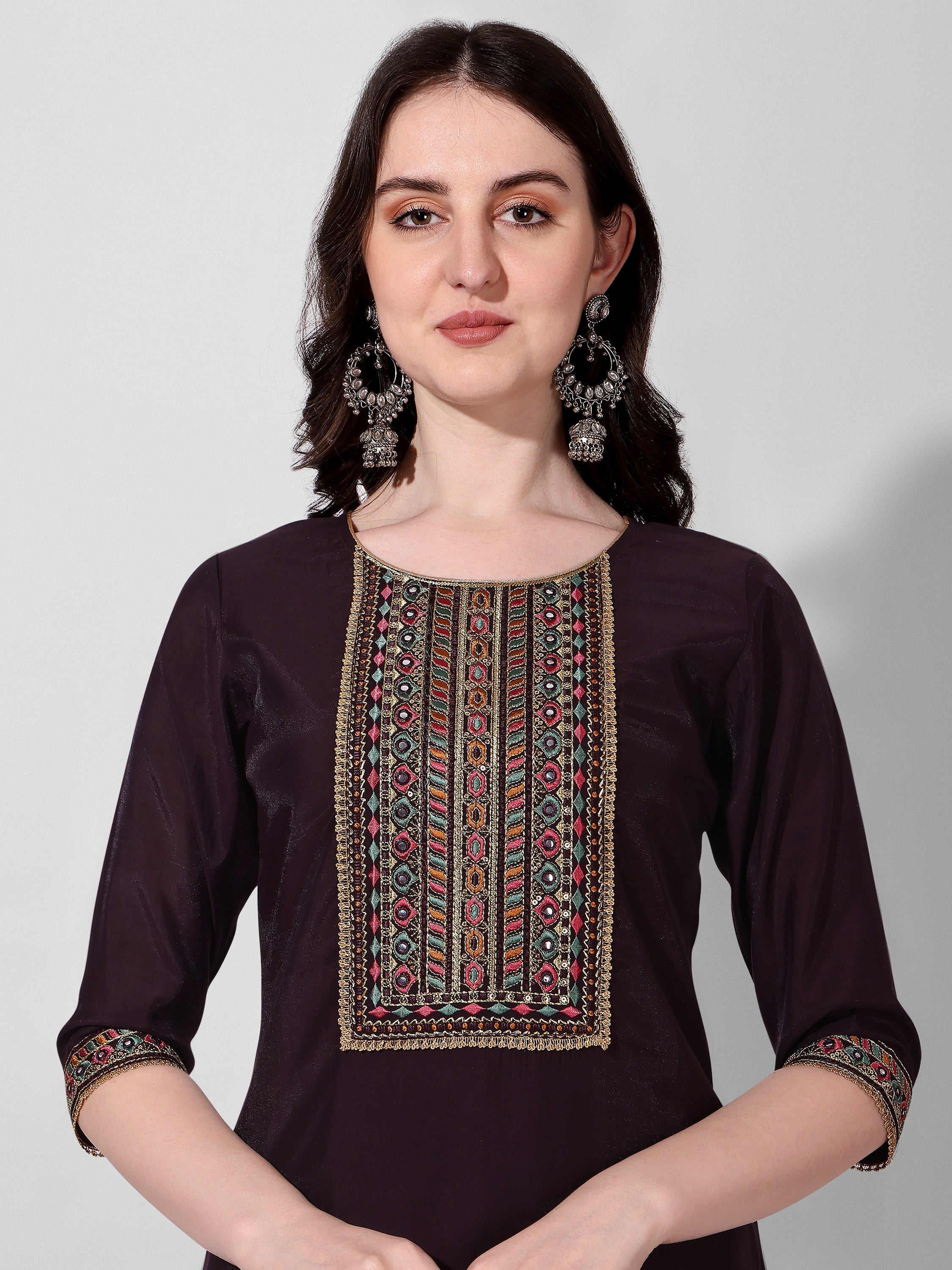 Wine Embroidered Kurta Pant & Dupatta Set, Multicolor - Hiral Fashion | Grocsy