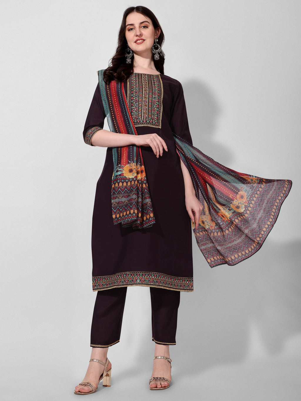 Wine Embroidered Kurta Pant & Dupatta Set, Multicolor - Hiral Fashion | Grocsy