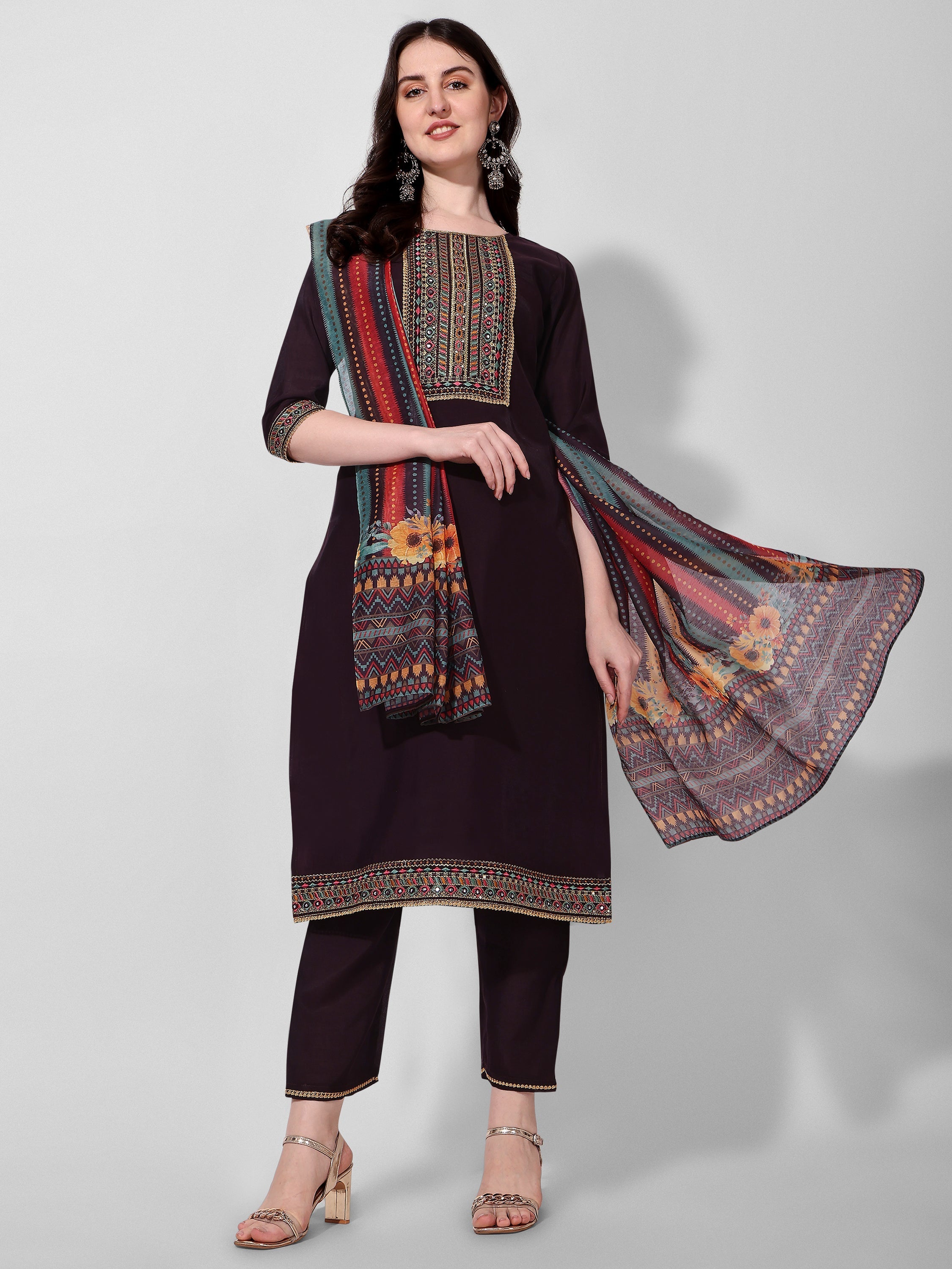 Wine Embroidered Kurta Pant & Dupatta Set, Multicolor - Hiral Fashion | Grocsy