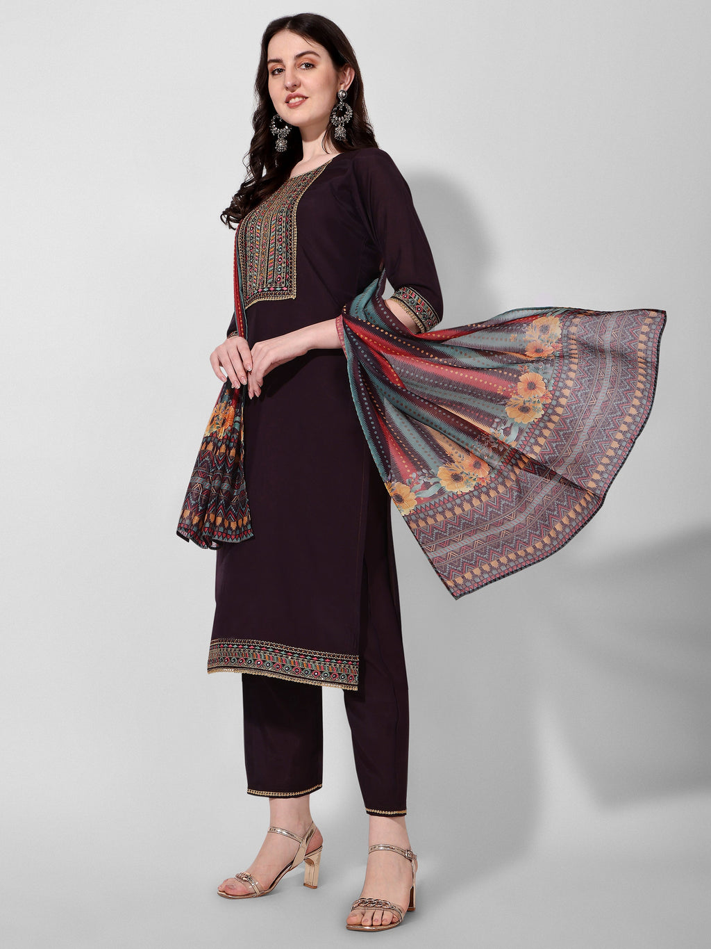 Wine Embroidered Kurta Pant & Dupatta Set, Multicolor - Hiral Fashion | Grocsy