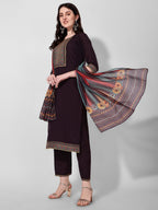 Wine Embroidered Kurta Pant & Dupatta Set, Multicolor - Hiral Fashion | Grocsy