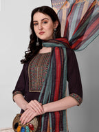 Wine Embroidered Kurta Pant & Dupatta Set, Multicolor - Hiral Fashion | Grocsy