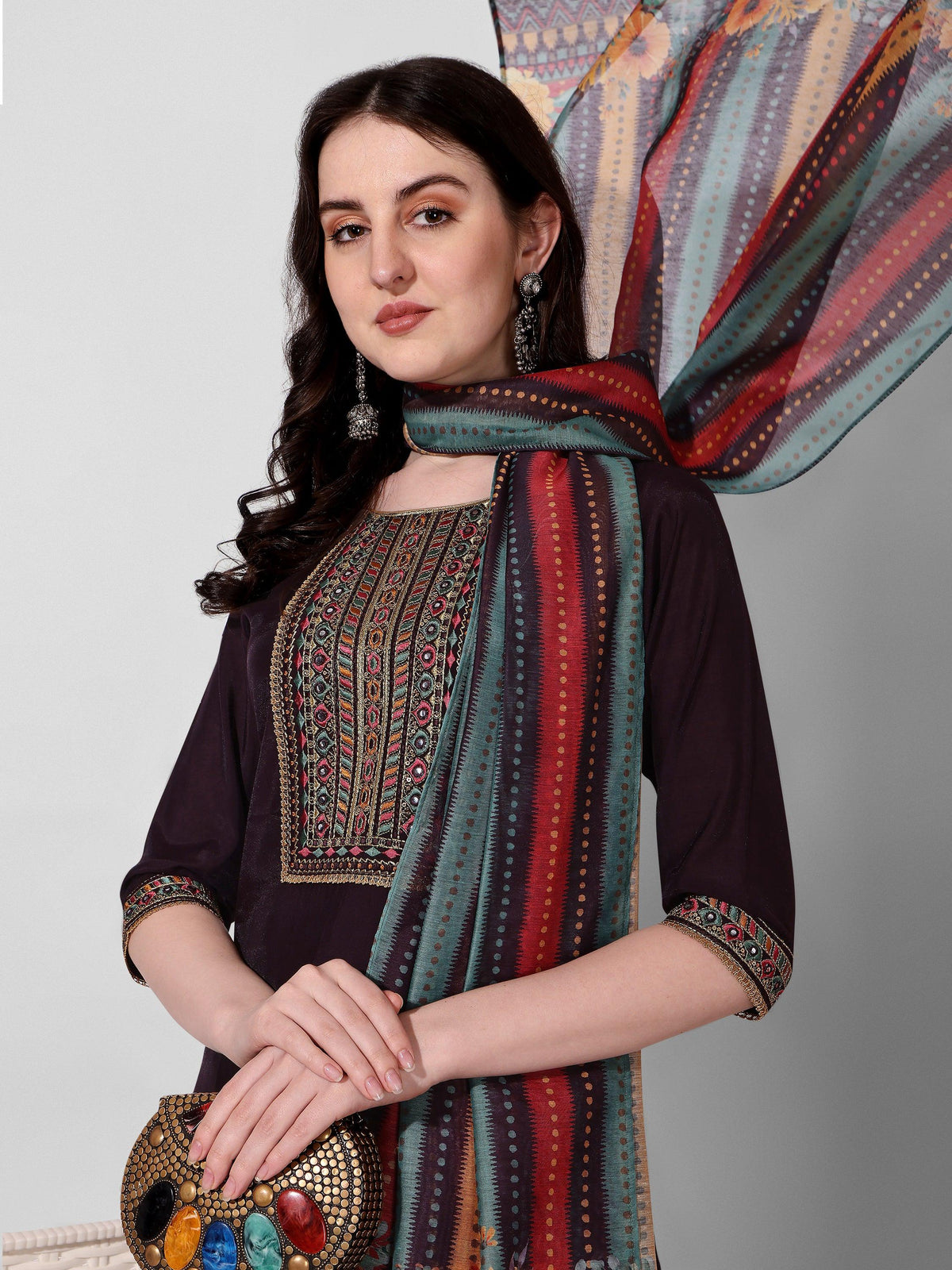 Wine Embroidered Kurta Pant & Dupatta Set, Multicolor - Hiral Fashion | Grocsy