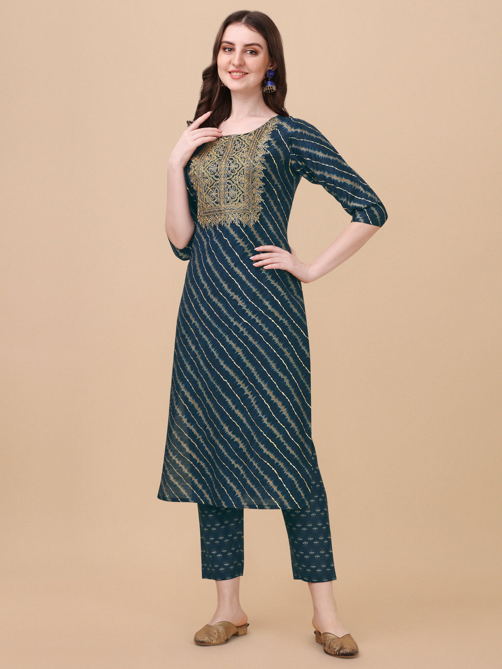 Leheriya Printed & Embroidered Kurta With Pant & Dupatta Set, Multicolor - Hiral Fashion | Grocsy