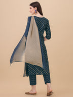 Leheriya Printed & Embroidered Kurta With Pant & Dupatta Set, Multicolor - Hiral Fashion | Grocsy