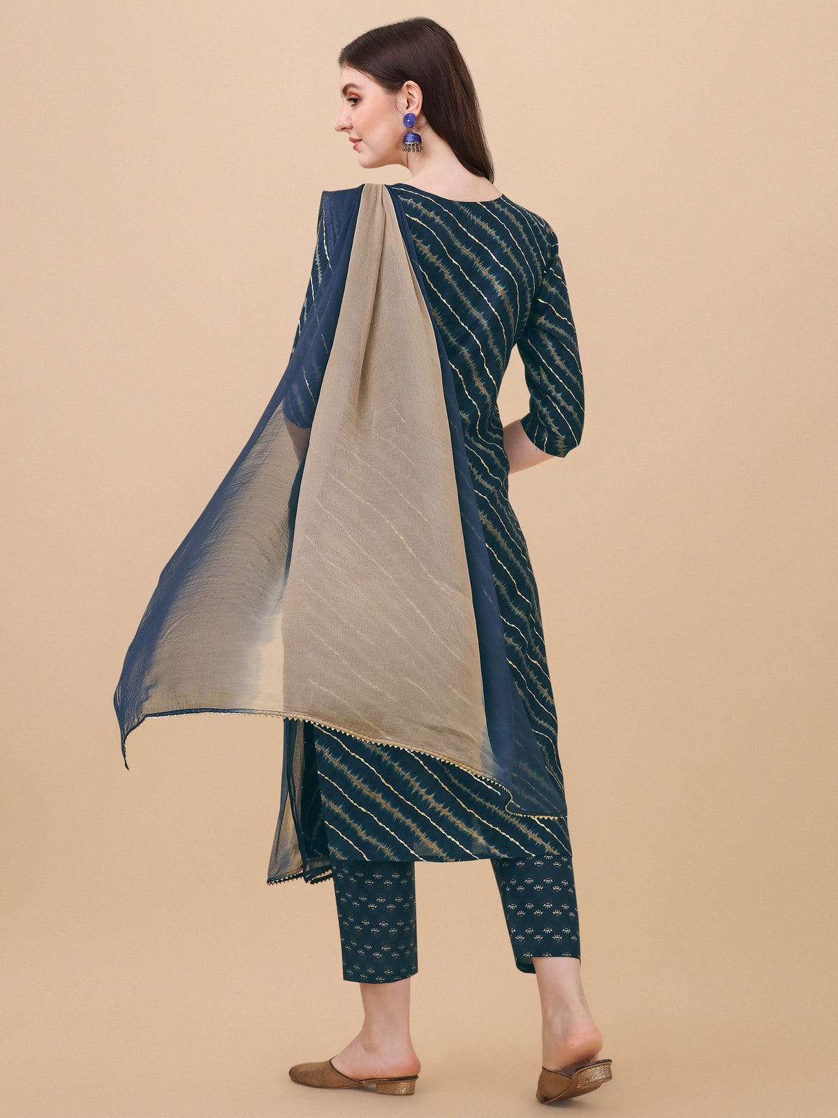 Leheriya Printed & Embroidered Kurta With Pant & Dupatta Set, Multicolor - Hiral Fashion | Grocsy