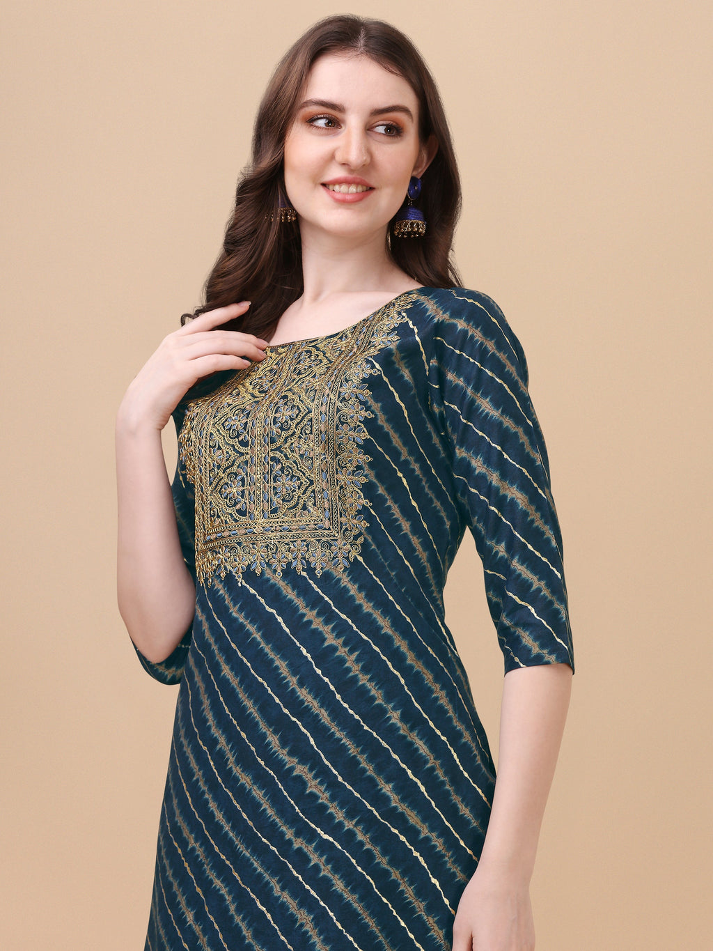 Leheriya Printed & Embroidered Kurta With Pant & Dupatta Set, Multicolor - Hiral Fashion | Grocsy