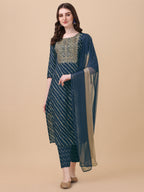 Leheriya Printed & Embroidered Kurta With Pant & Dupatta Set, Multicolor - Hiral Fashion | Grocsy