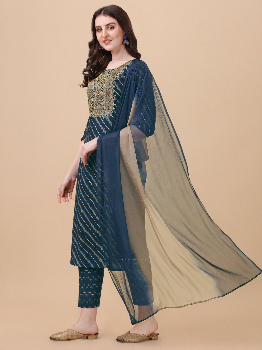 Leheriya Printed & Embroidered Kurta With Pant & Dupatta Set, Multicolor - Hiral Fashion | Grocsy