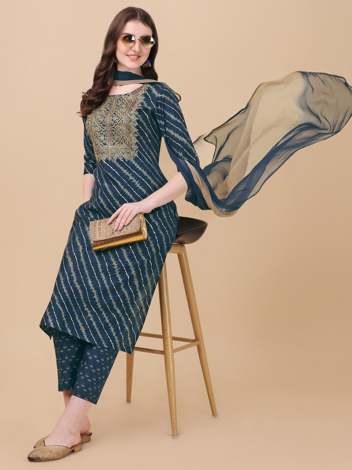 Leheriya Printed & Embroidered Kurta With Pant & Dupatta Set, Multicolor - Hiral Fashion | Grocsy