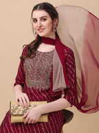 Leheriya Printed & Embroidered Kurta With Pant & Dupatta Set, Multicolor - Hiral Fashion | Grocsy