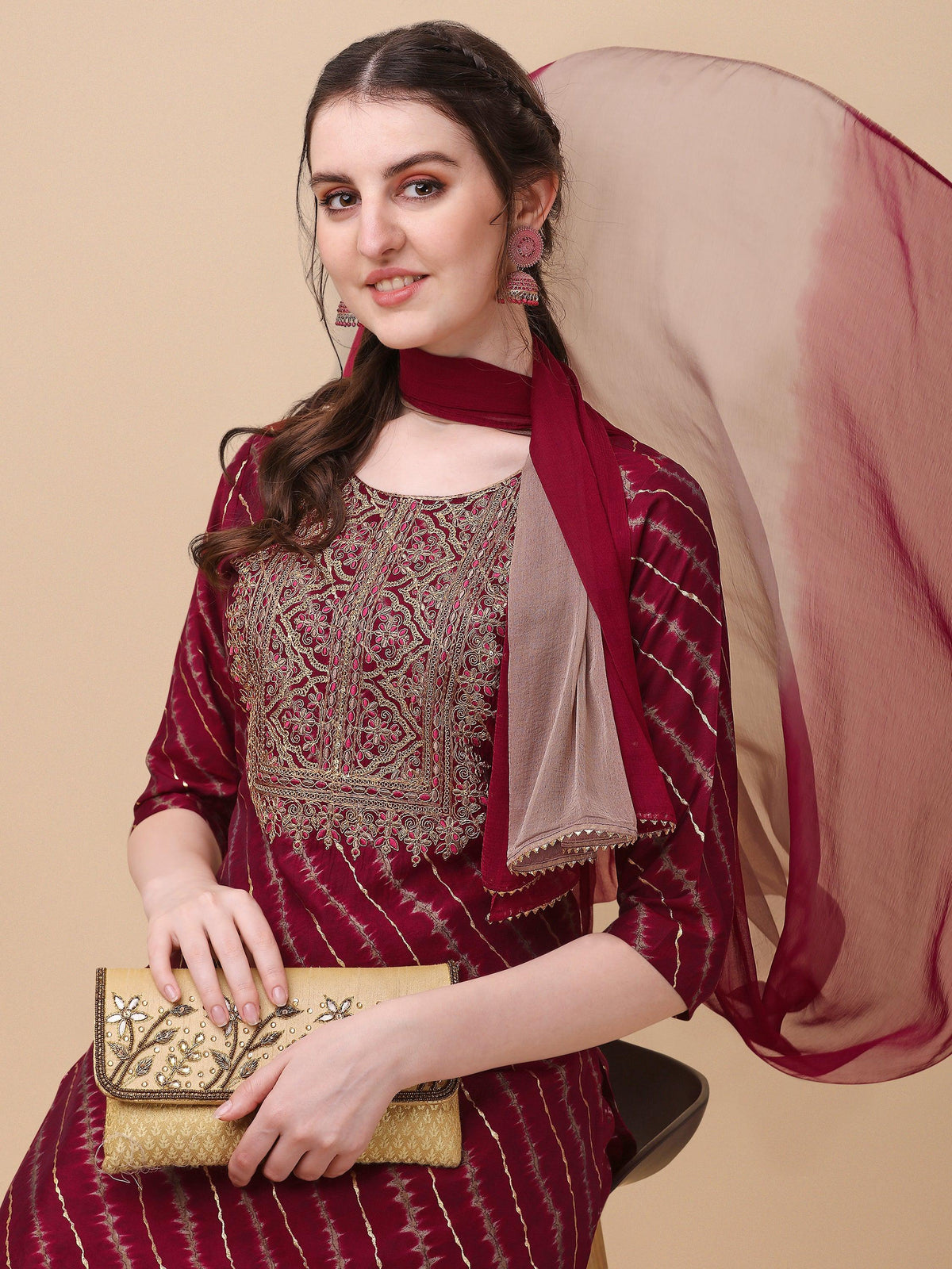 Leheriya Printed & Embroidered Kurta With Pant & Dupatta Set, Multicolor - Hiral Fashion | Grocsy