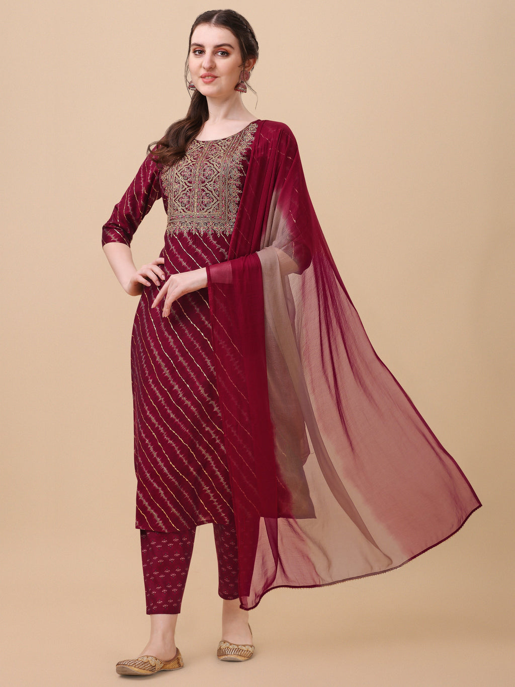 Leheriya Printed & Embroidered Kurta With Pant & Dupatta Set, Multicolor - Hiral Fashion | Grocsy